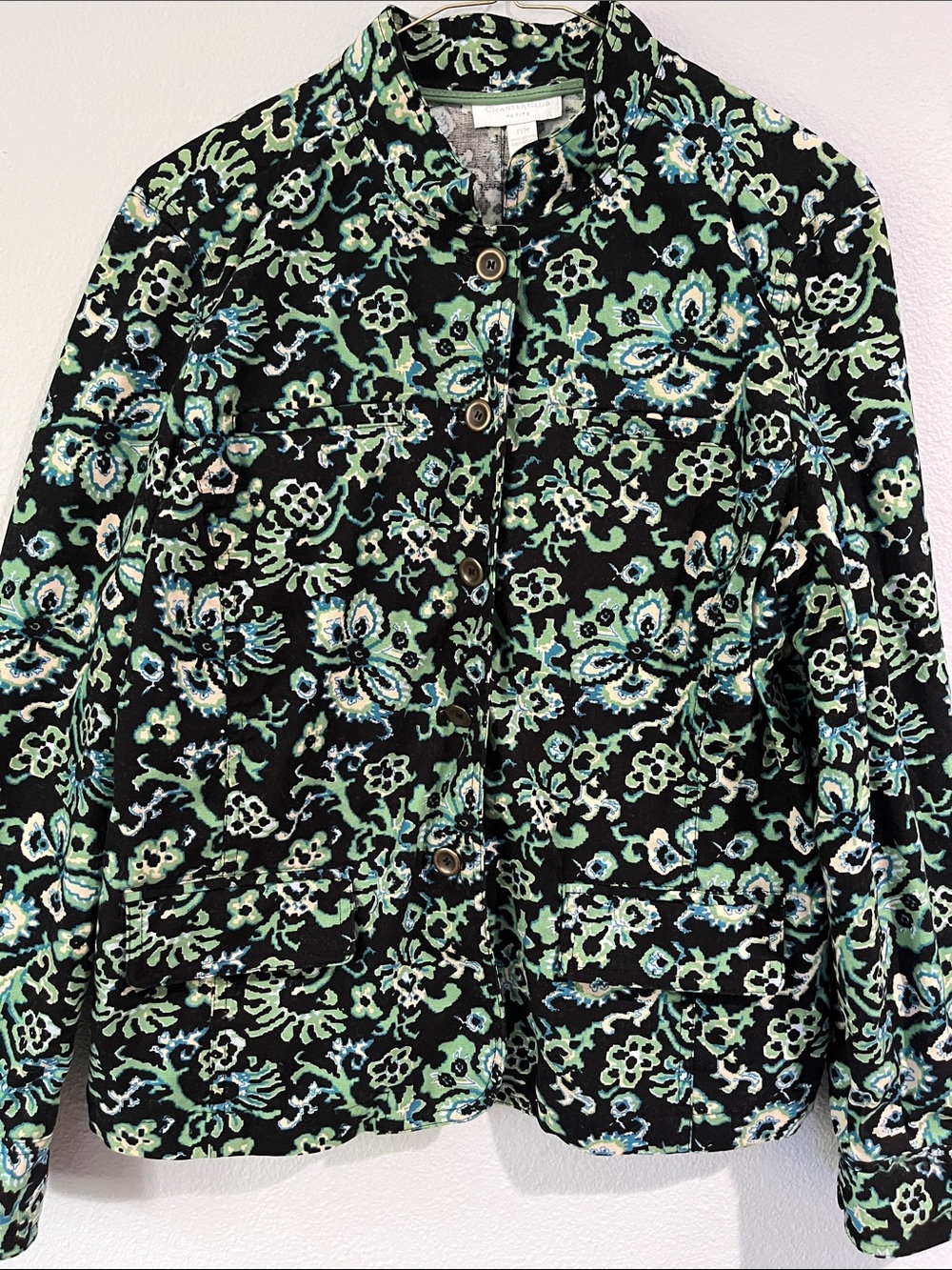 Charter Club Black Floral Button-Front Blazer with Green & Teal Accents
